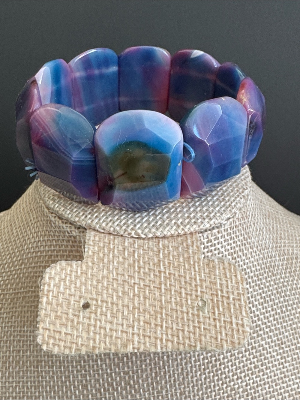 VTG Chunky Geometric Agate Gemstone Stretch Bracelet - Picture 2 of 5